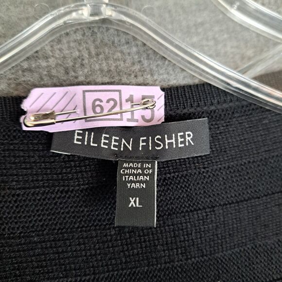 Eileen Fisher XL Black 100% Merino Wool Open Front Cardigan Italian Yarn - Picture 3 of 10